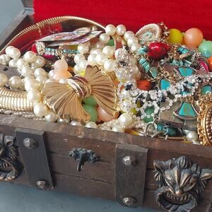 VTG Wooden Treasure Chest filled with Mystery Jewelry Loot Pirate Booty jar